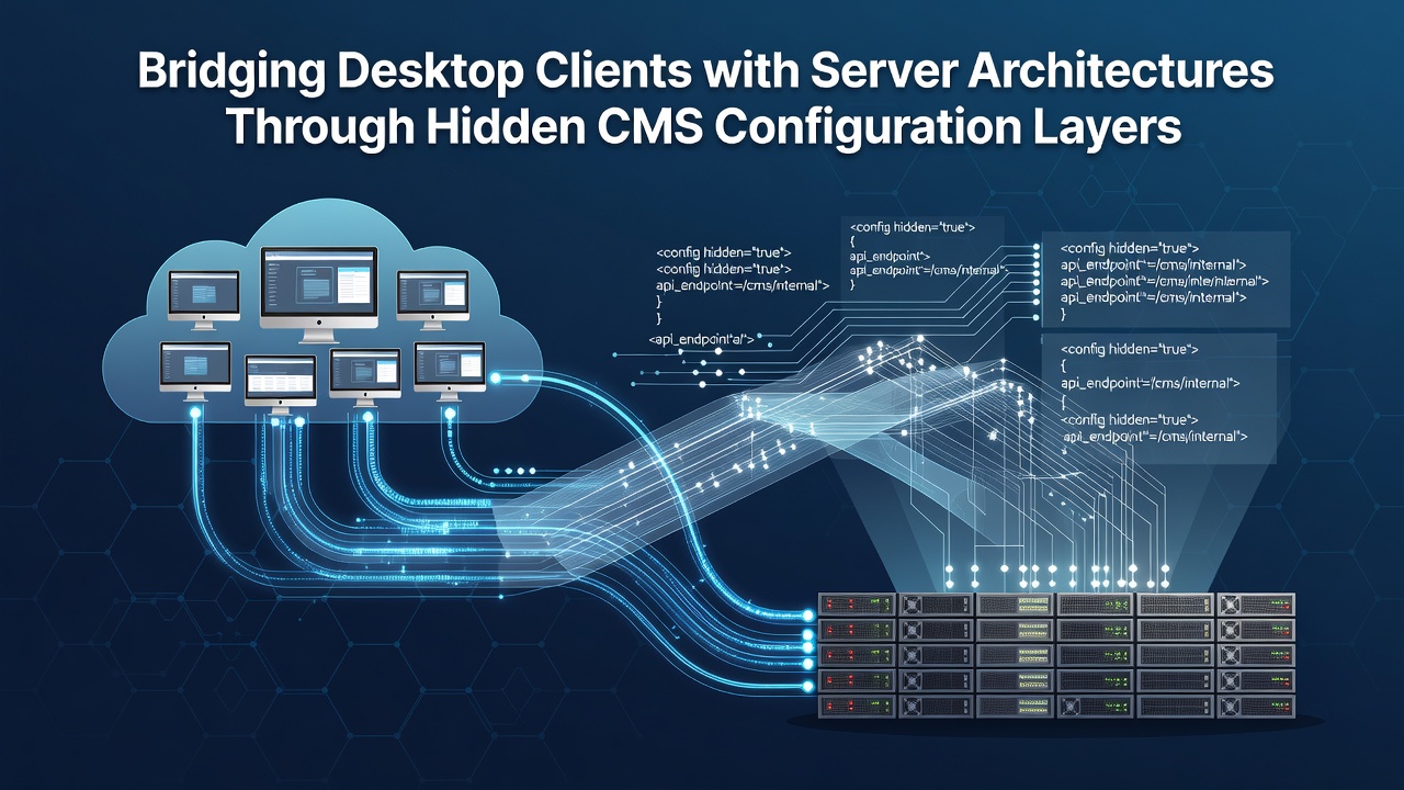 Illustration of server architecture showing concealed configuration paths between desktop clients and CMS databases