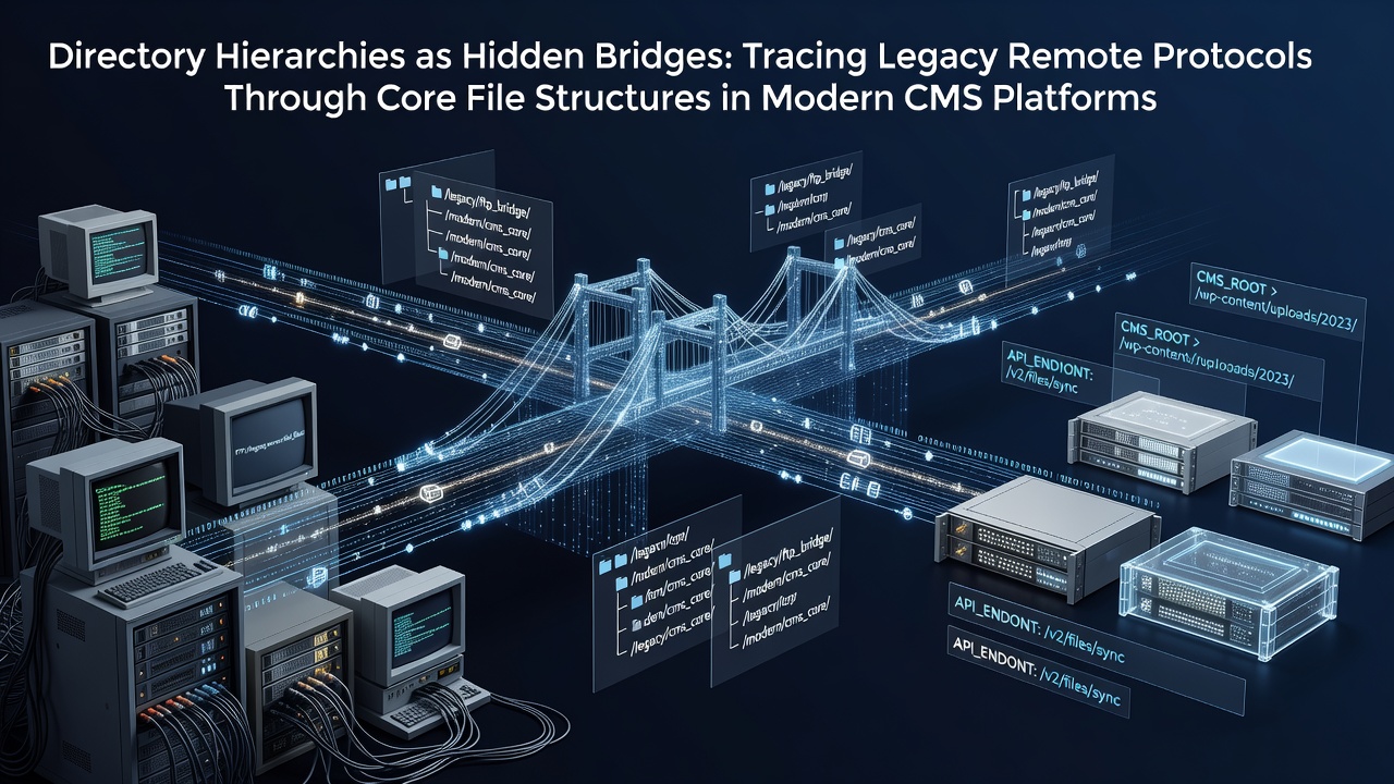 Diagram showing CMS directory layout with legacy protocol endpoints positioned across root and subfolder structures