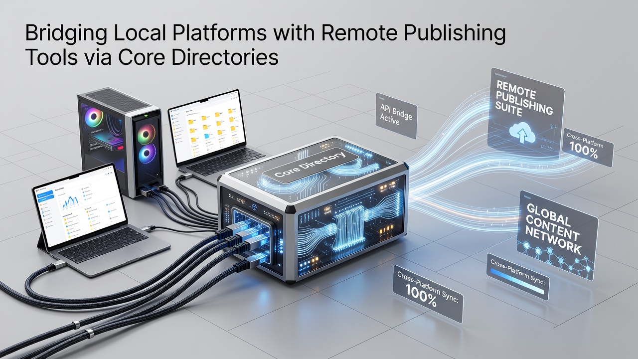 Diagram illustrating core directory structures in content management systems that facilitate connections between local installations and remote publishing protocols