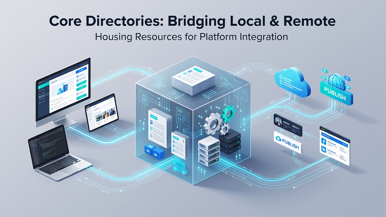 Illustration of resource mapping within core directories that bridge local content platforms and remote publishing tools