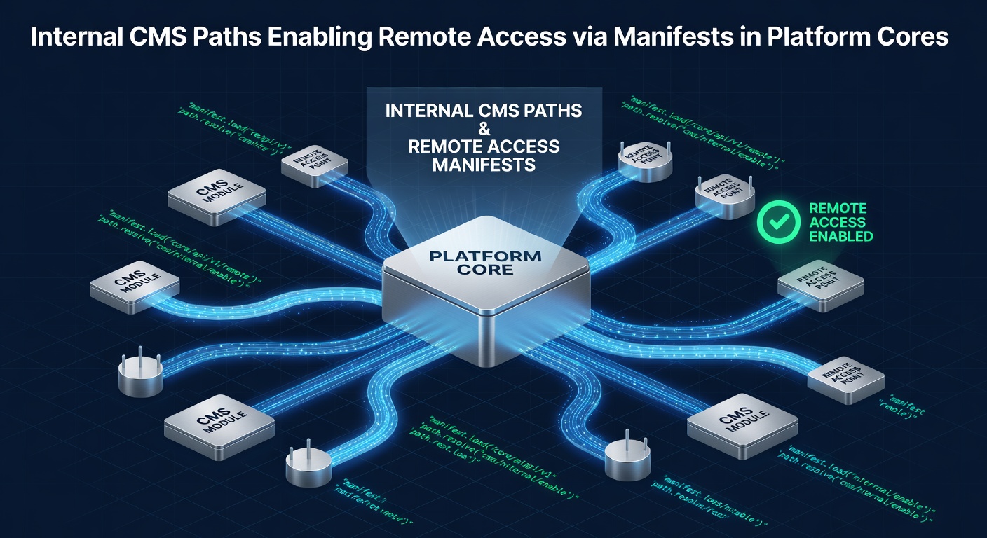 Diagram illustrating internal CMS directory structures with manifest files connecting to remote access endpoints in platform cores