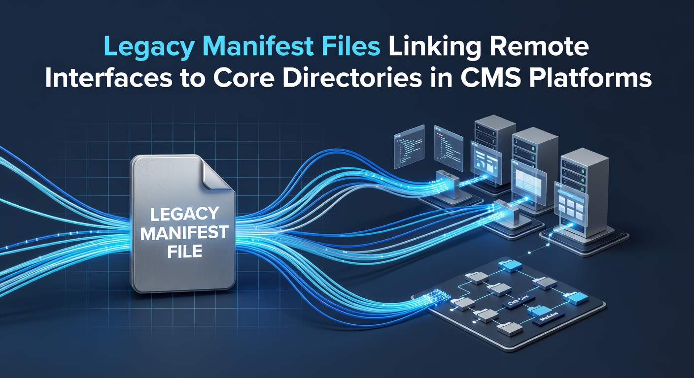 Diagram showing legacy manifest files connecting remote interfaces to core directories in various CMS platforms