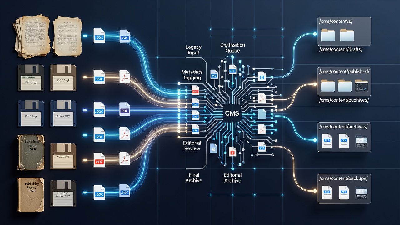 Flowchart illustrating request pathways from root-level legacy files through internal CMS subdirectories