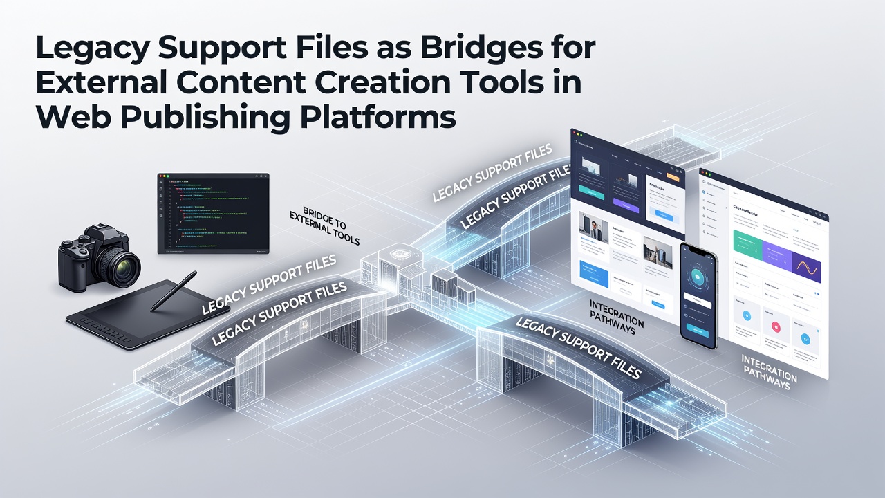 Technical architecture showing legacy files connecting external tools to web publishing systems