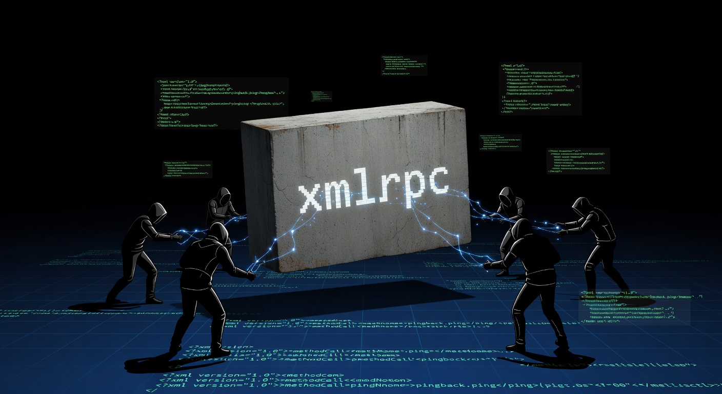 Diagram showing XML-RPC endpoint integrated into a WordPress site's server architecture, highlighting potential vulnerability points