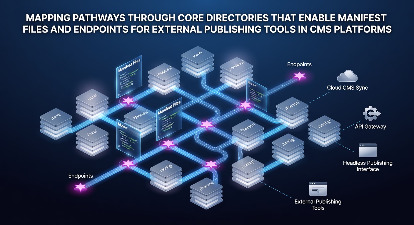 Diagram showing directory pathways in a CMS platform that connect manifest files with external publishing endpoints