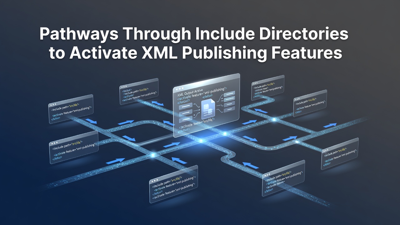 Schematic view of include directory structures guiding XML publishing activation in content management platforms