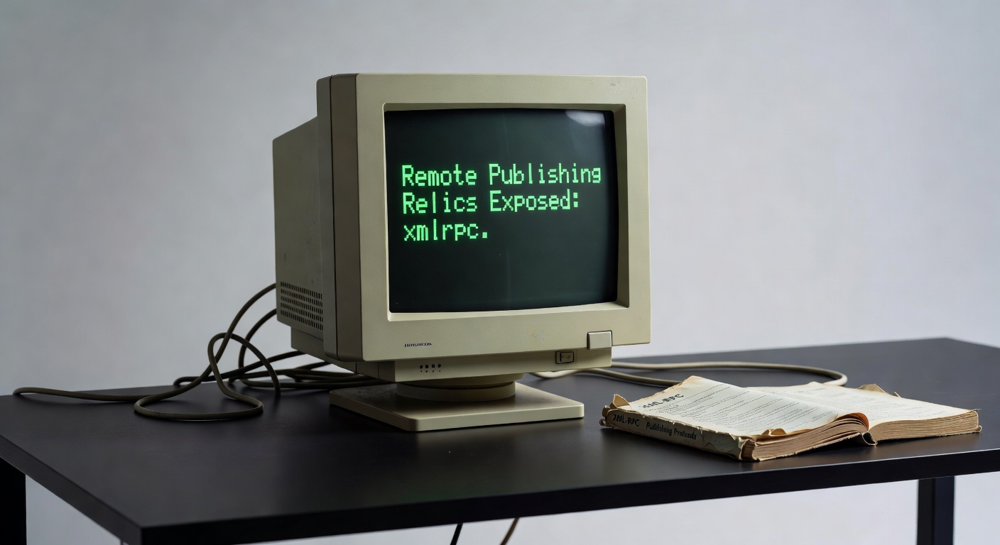 Vintage computer screen displaying XML-RPC code snippets from early WordPress remote publishing interfaces, highlighting legacy protocol elements