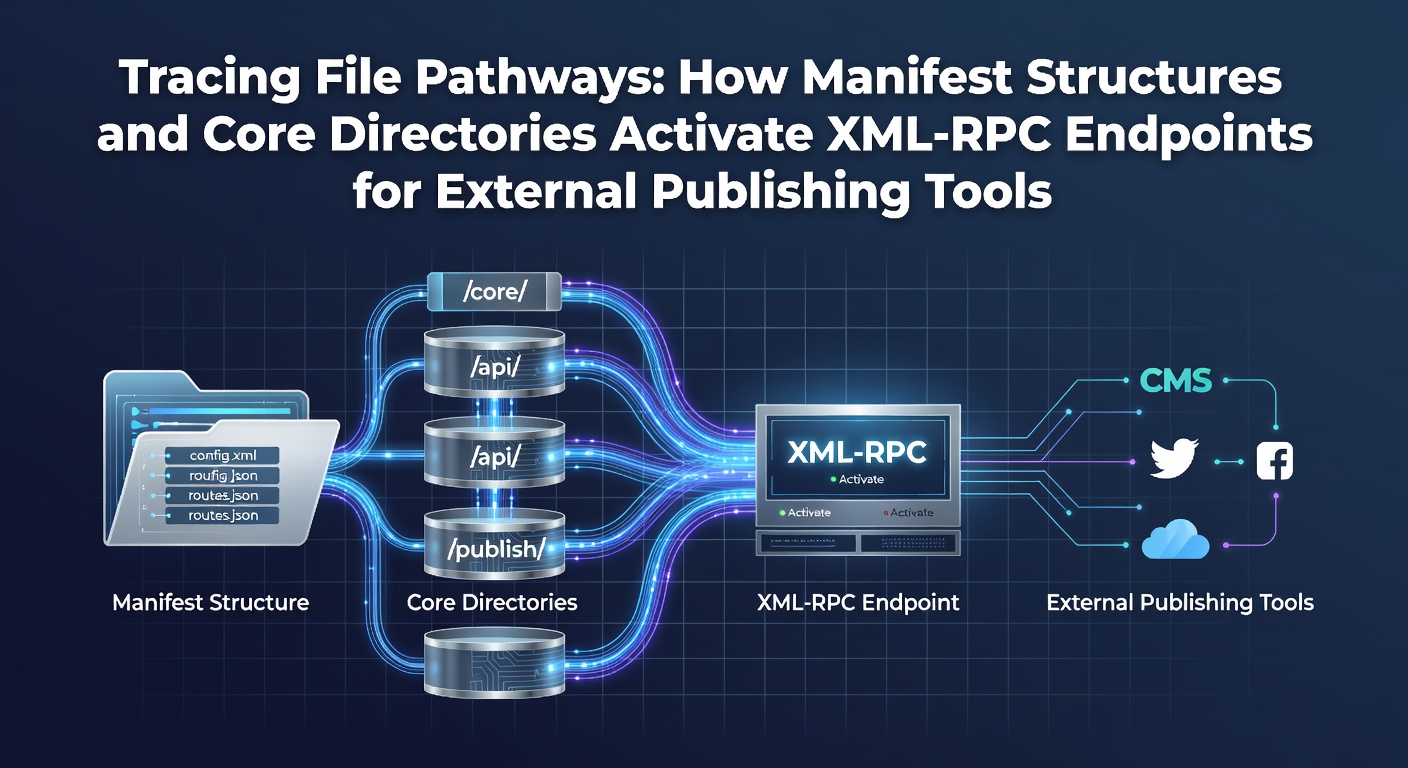 Diagram showing file pathways from manifest structures through core directories to XML-RPC endpoints in content management systems