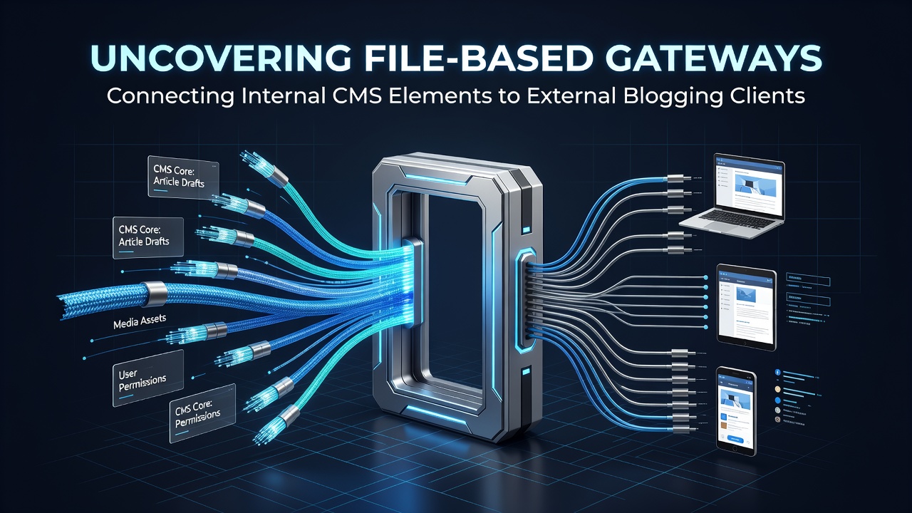 Diagram showing file structures in a content management system that enable connections between internal databases and external blogging tools