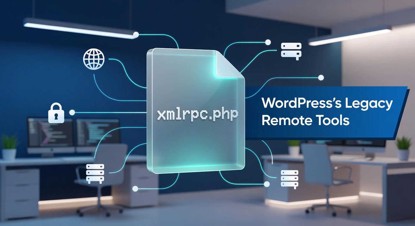 Diagram illustrating XML-RPC data flow between client applications and WordPress sites, highlighting remote procedure calls over HTTP